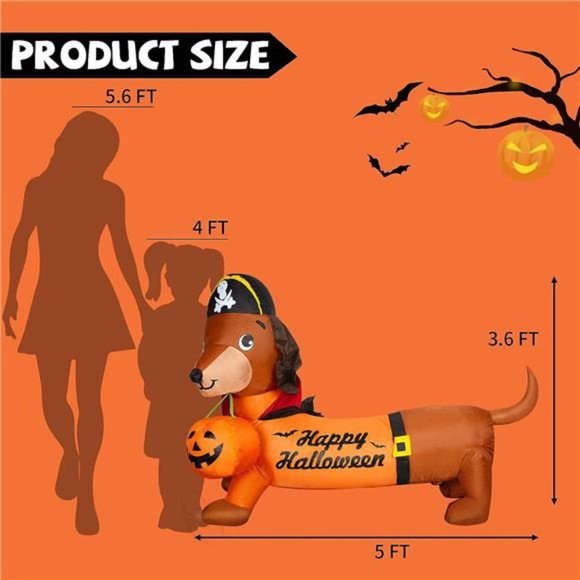 5 FT Halloween Inflatable Outdoor Dog with a Pumpkin & Pirate Hat w/LED Lights